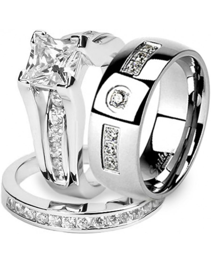 His and Hers Stainless Steel Princess Wedding Ring Set and Zirconia Wedding Band Women's Size 09 Men's 06mm Size 08 $22.07 Sets