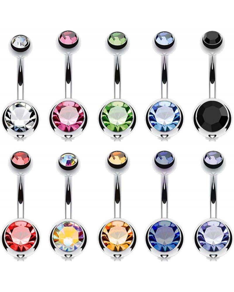 10PC Belly Button Rings Set - 14G Multicolor Surgical Stainless Steel - Colorful CZ Crystals Navel Barbell Stud - Women Girls...